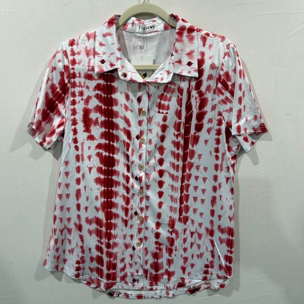 Flycurvy Womens Red White Tie Dye Short Sleeve Button Down Shirt Collared Top
